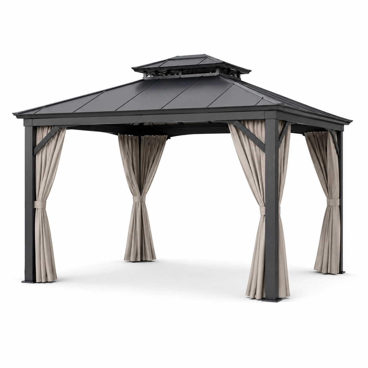 Pavillon de jardin en métal avec rideaux beige