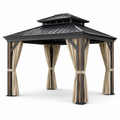Pavillon de jardin en aluminium avec toit en acier et rideaux beiges