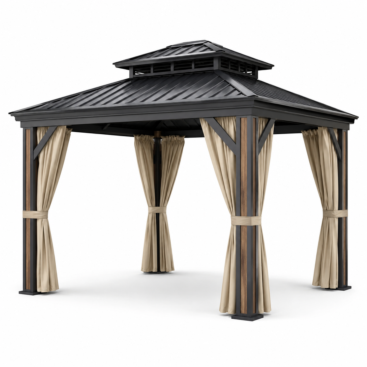 Pavillon de jardin en aluminium avec toit en acier et rideaux beiges