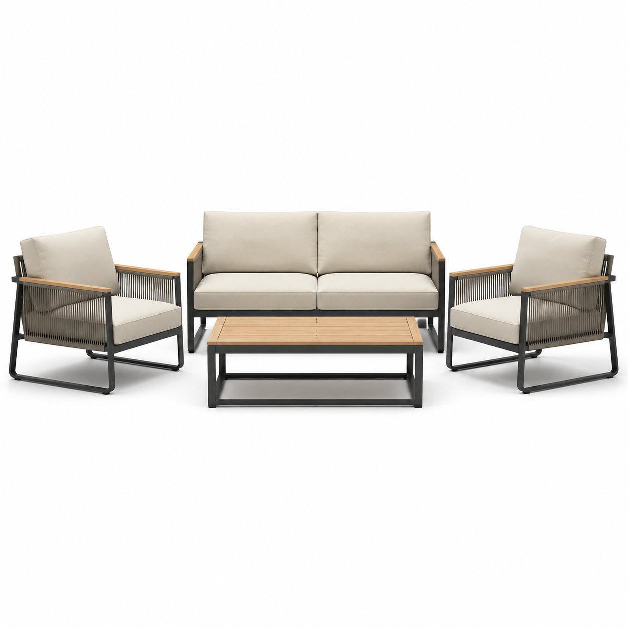 Ensemble de salon d'extérieur en aluminium et bois avec coussins beiges