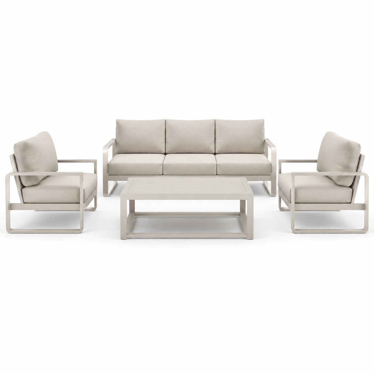 Ensemble salon extérieur aluminium avec coussins en tissu beige