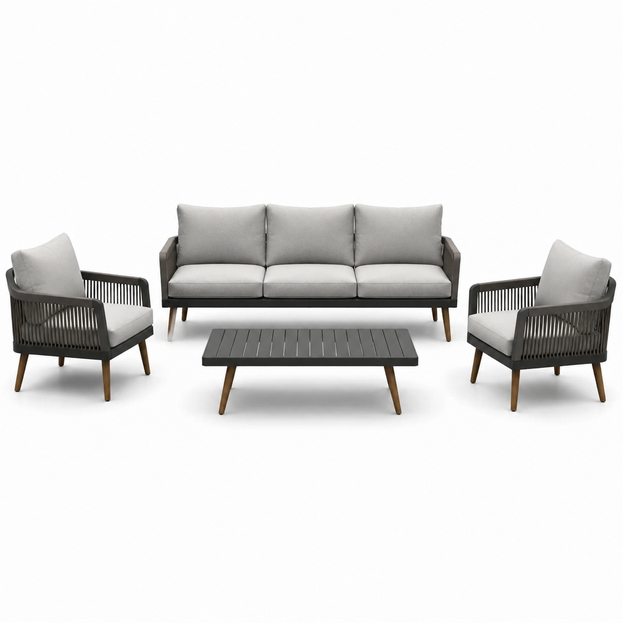 Ensemble 4 pièces salon extérieur en aluminium et corde avec coussins gris