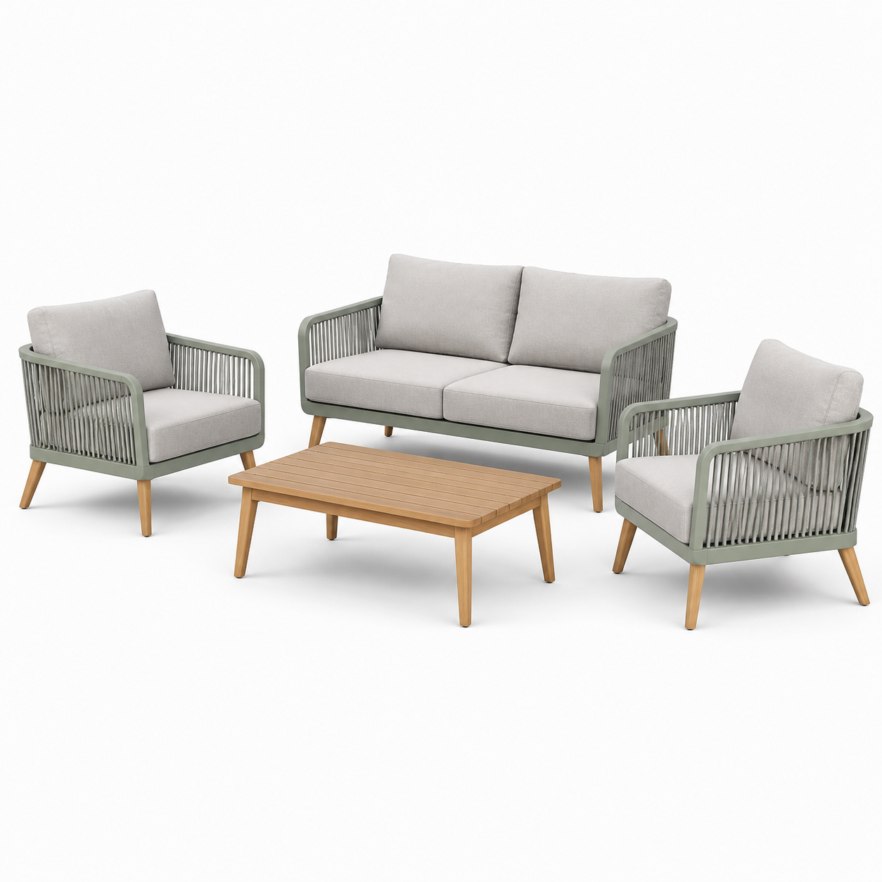 Salon de jardin en aluminium et bois avec coussins gris