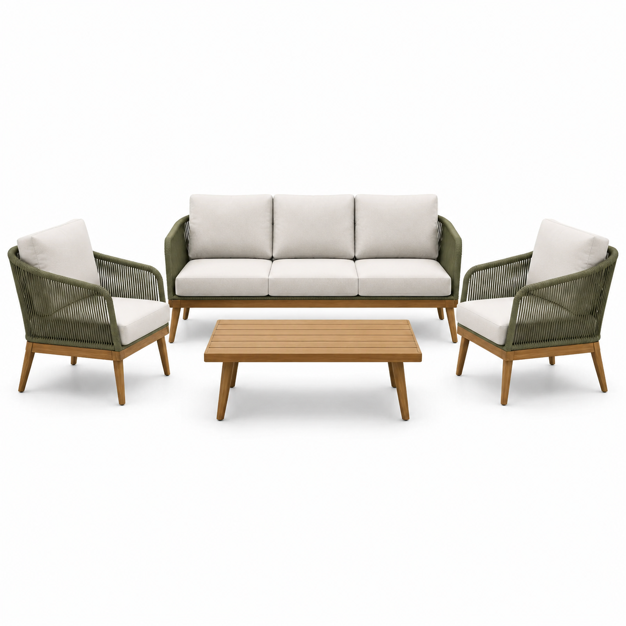 Ensemble de salon de jardin en bois et corde, coussins beige
