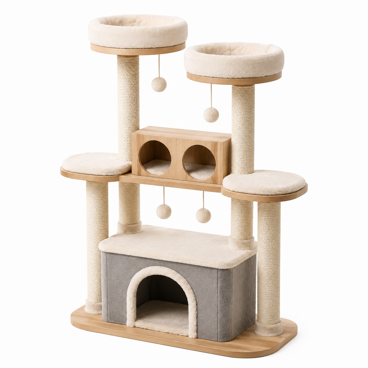 Arbre à chat en bois et sisal avec maison, beige et gris