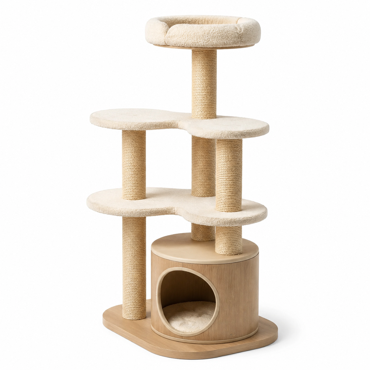 Arbre à chat en bois avec plateformes et corde en sisal crème