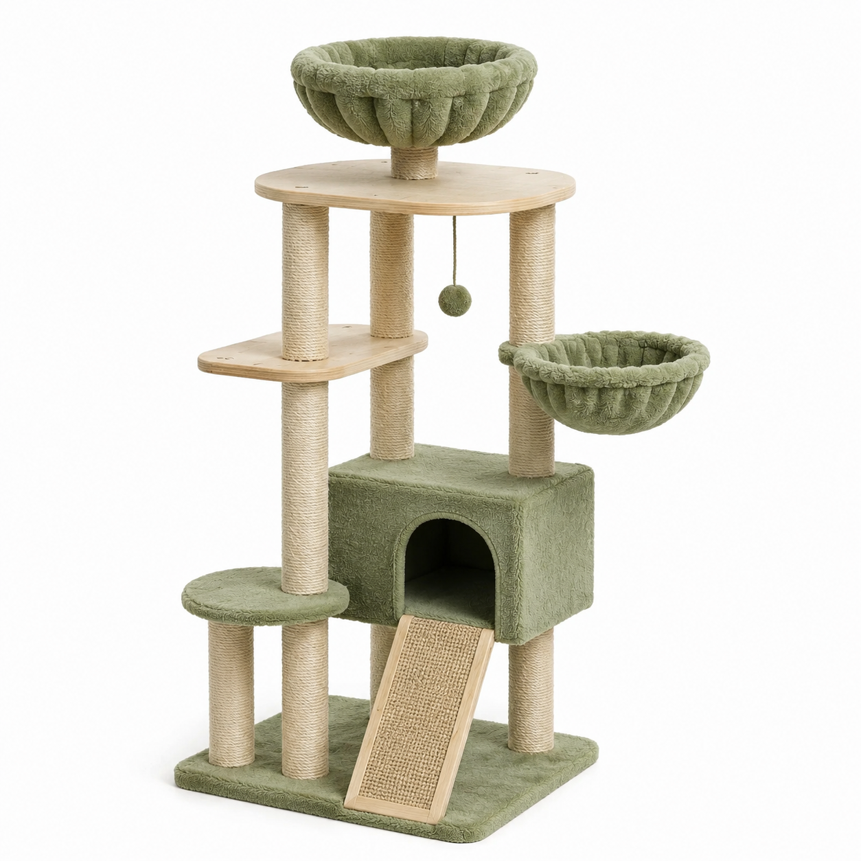 Arbre à chat en bois et sisal avec peluche verte