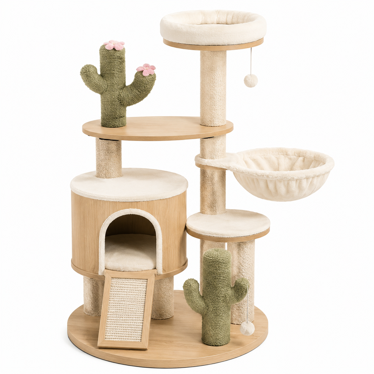 Arbre à chat en bois avec sisal et plateforme crème