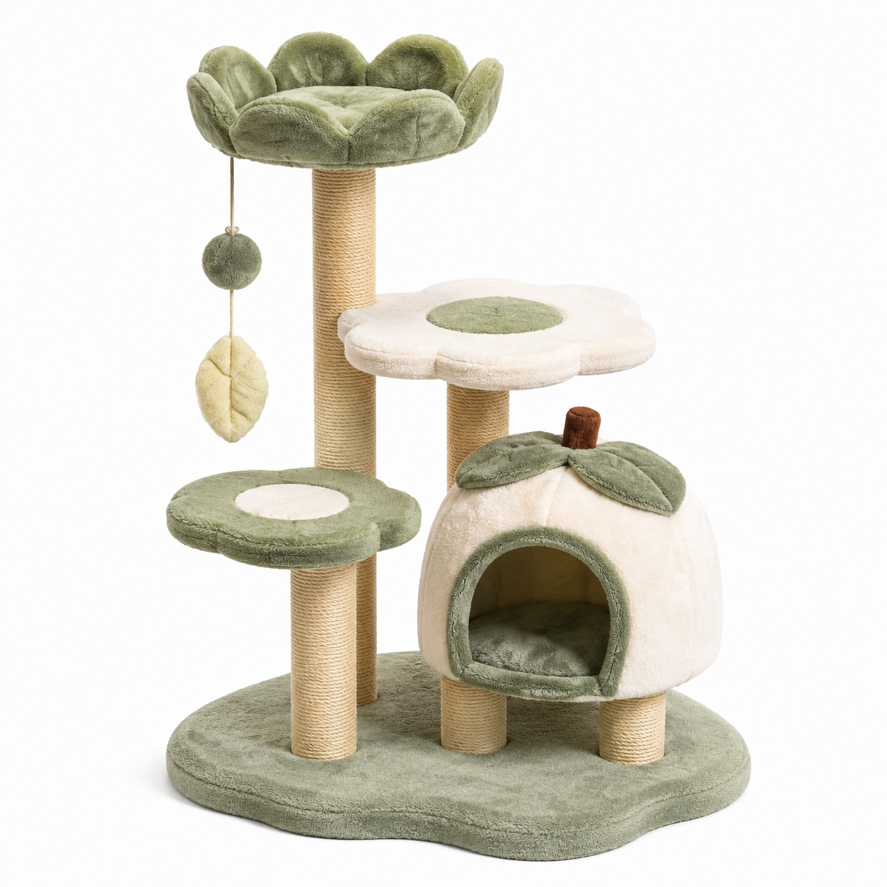 Arbre à chat en bois avec maison et plates-formes en peluche verte