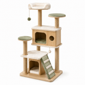 Arbre à chat en bois avec plateformes en velours vert et crème