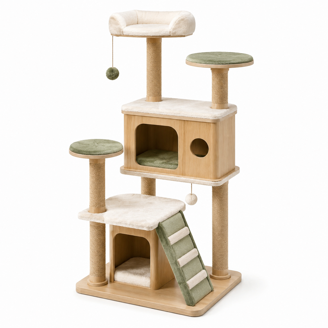 Arbre à chat en bois avec plateformes en velours vert et crème