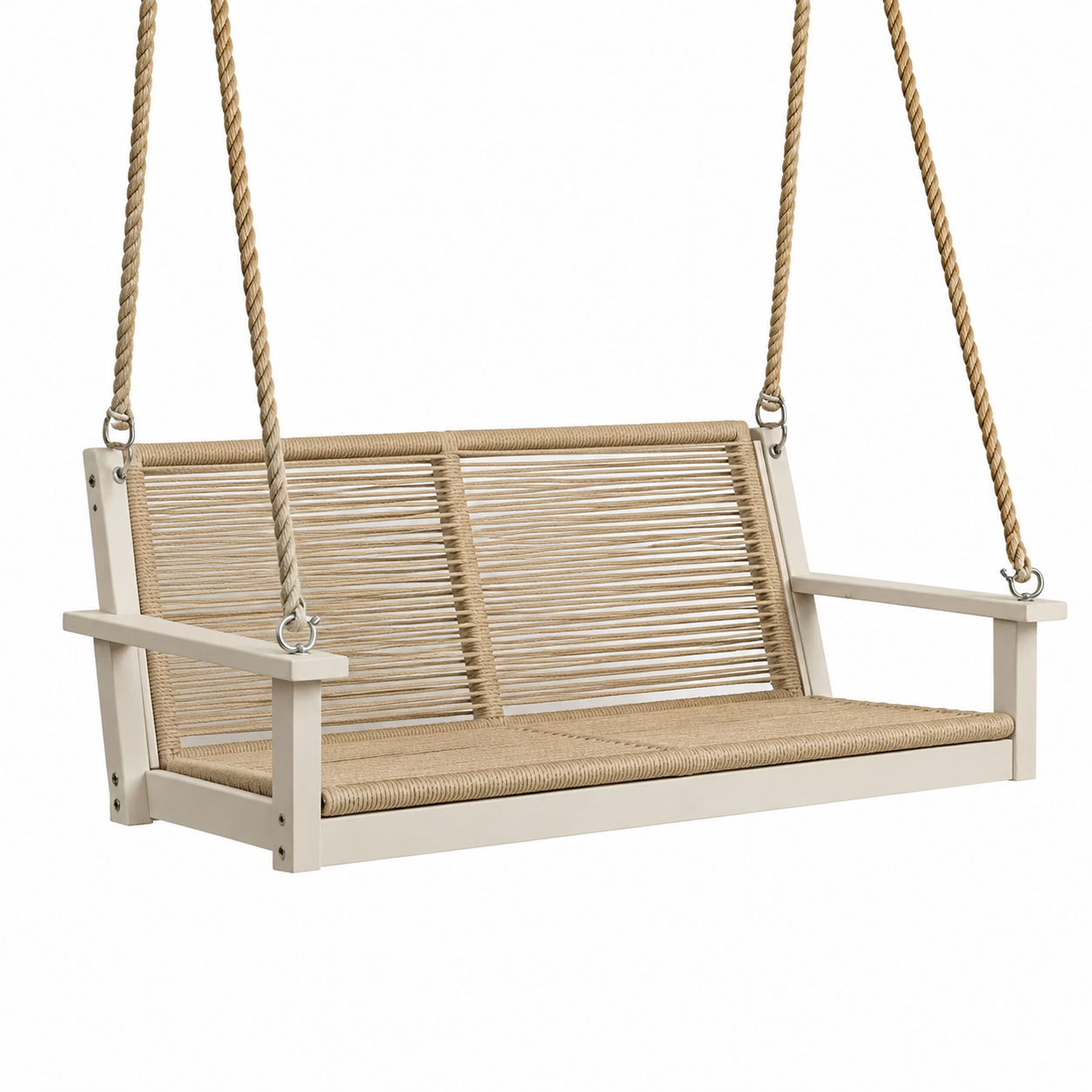 Balancelle suspendue en bois et corde beige
