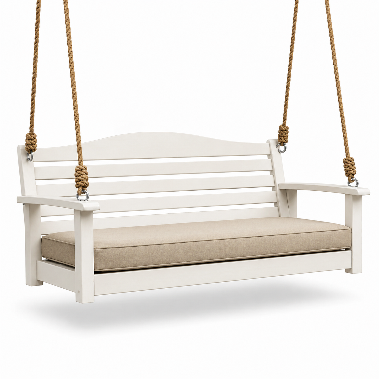 Balancelle suspendue en bois avec coussin en polyester beige