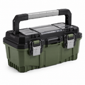 Boîte à outils en plastique vert et noir avec poignée en aluminium