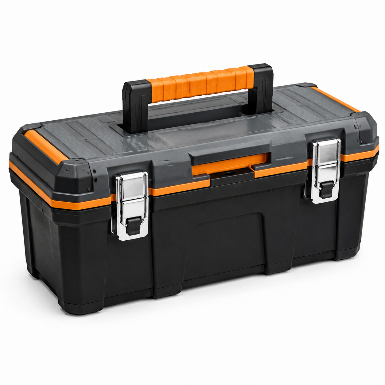 Boîte à outils en plastique noir et orange avec poignées métalliques