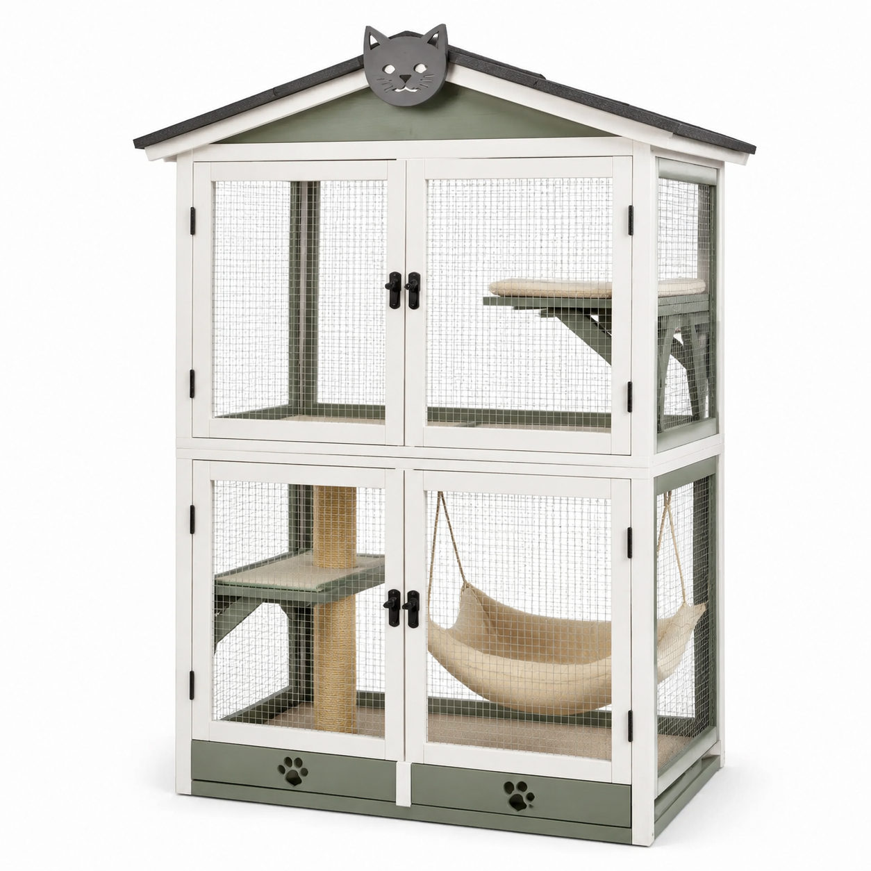 Enclos pour chat en bois et métal avec hamac 120x60x160cm blanc et vert