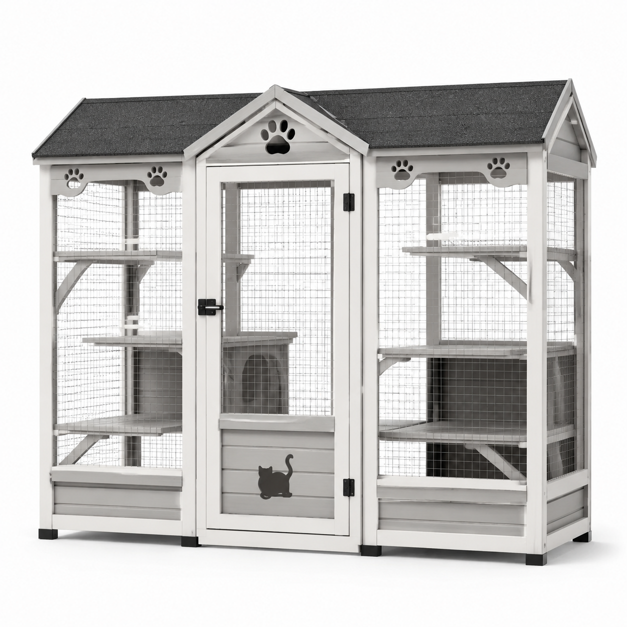 Enclos pour chat en bois avec grillage métallique, blanc