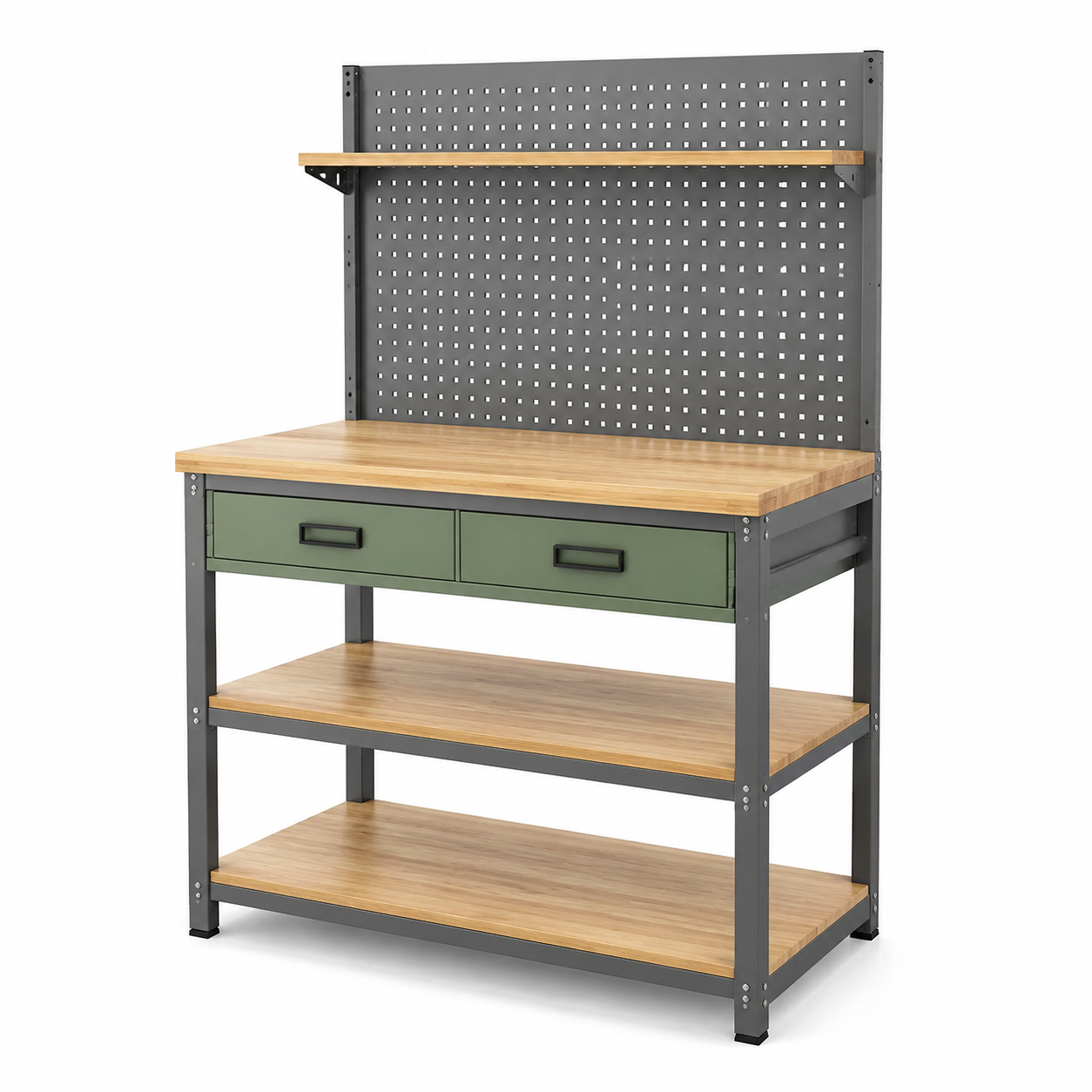 Établi Métallique avec Plateau Bambou et Tiroirs Verts