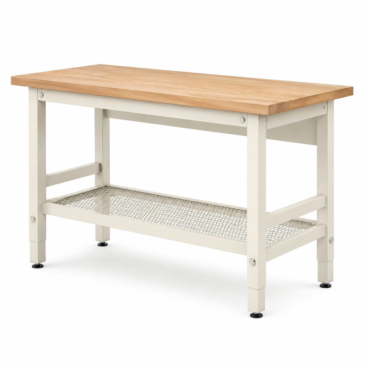 Établi en bois et métal avec étagère grillagée