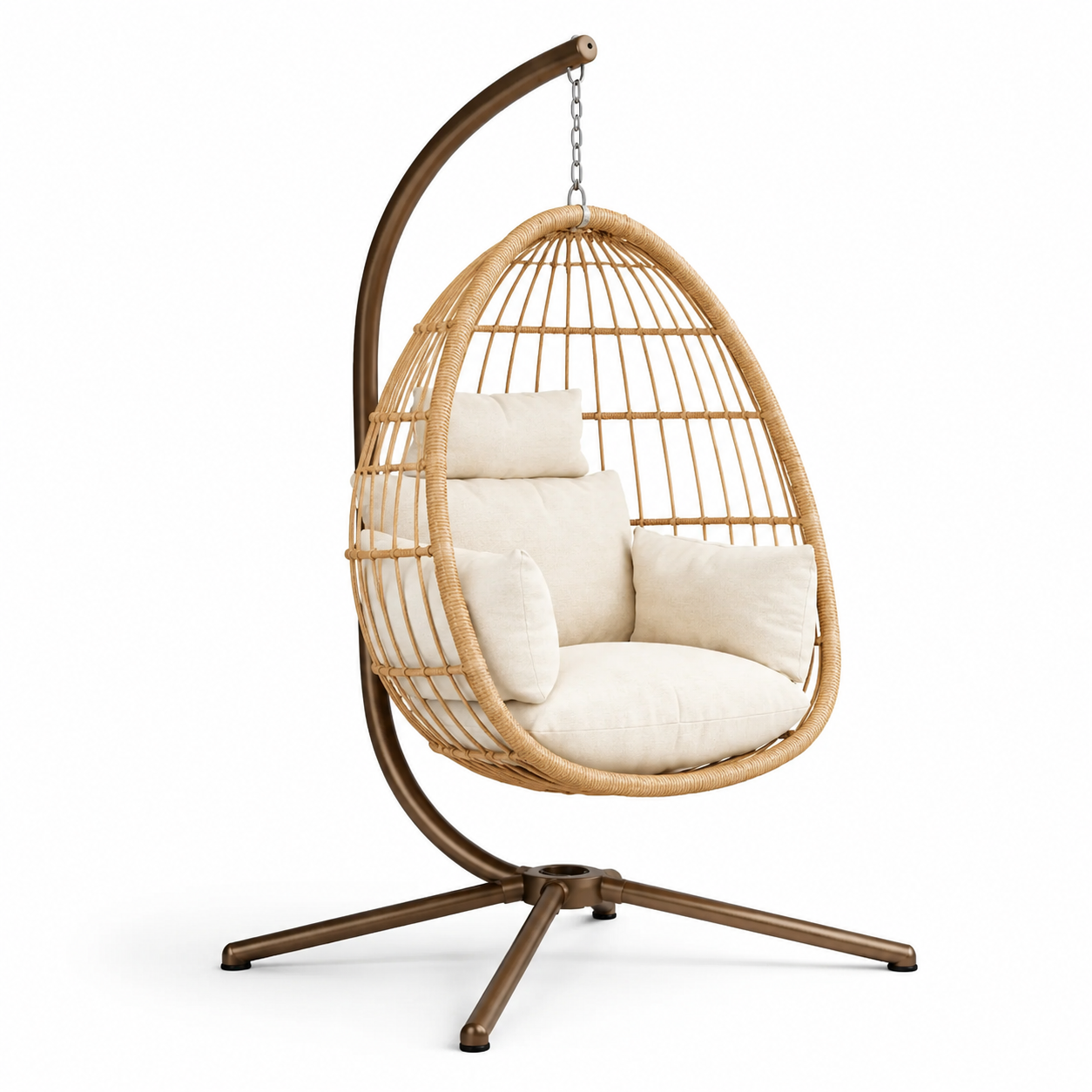 Fauteuil suspendu en rotin avec coussins en polyester beige