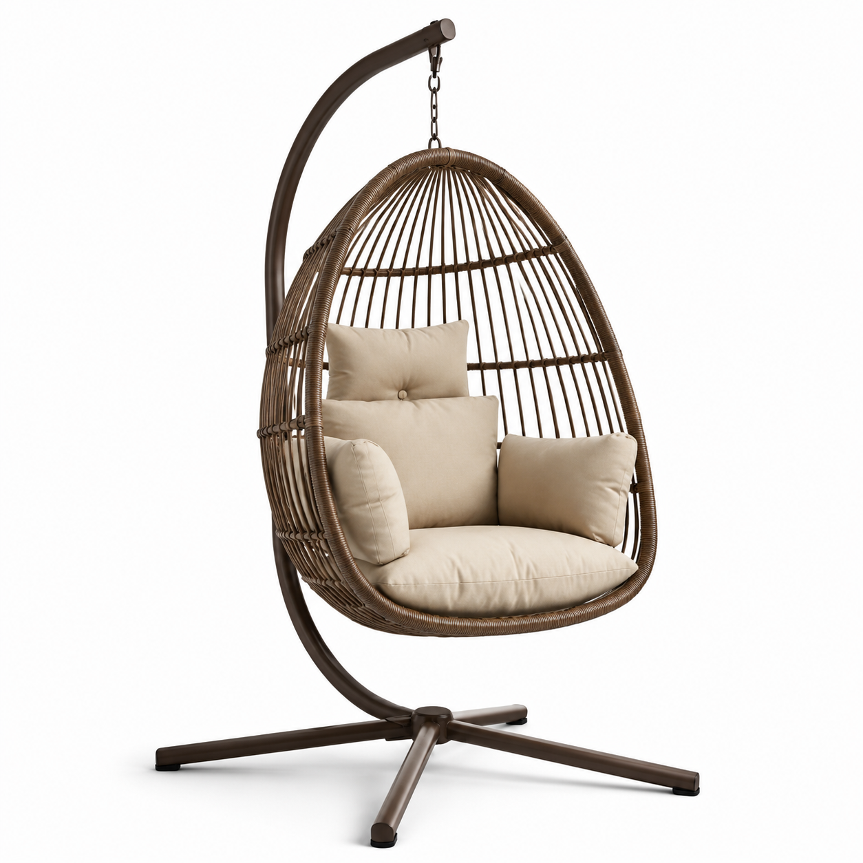 Chaise suspendue en métal et rotin synthétique avec coussins en polyester beige