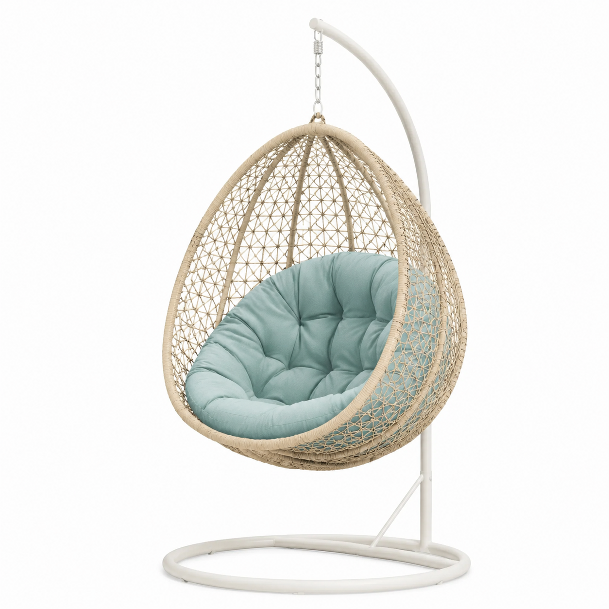 Chaise suspendue en rotin avec coussin bleu vert