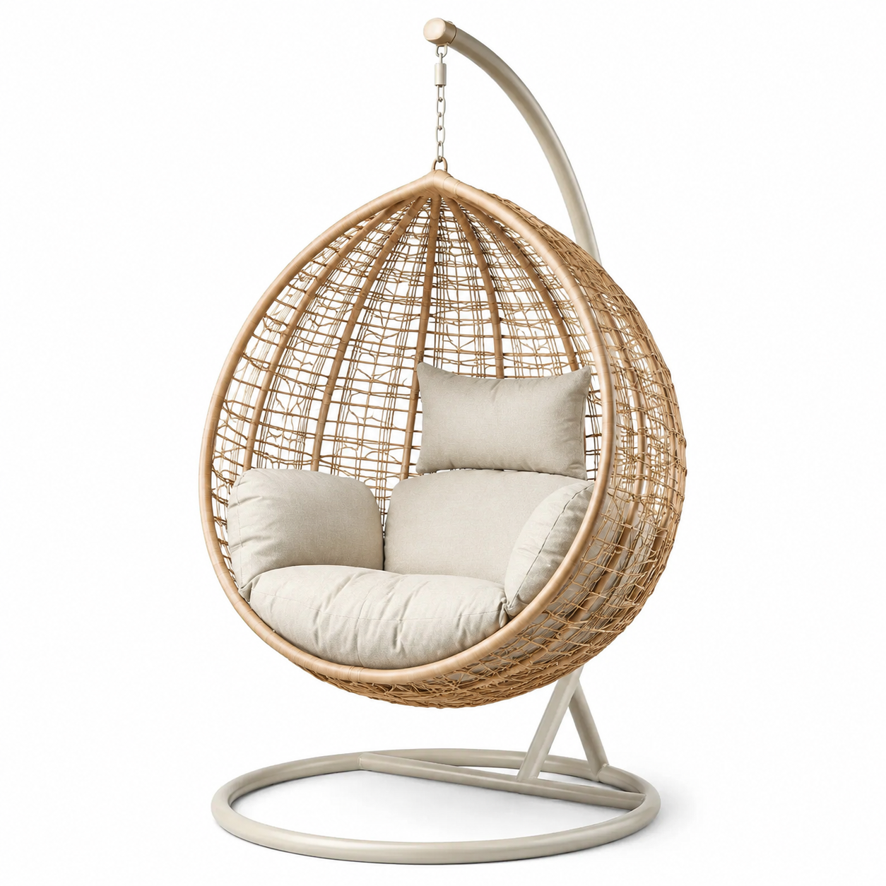 Chaise suspendue en rotin avec coussins en tissu beige